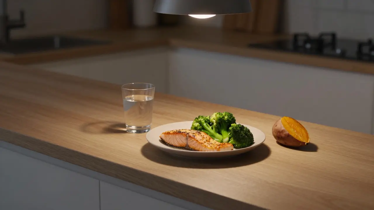 Gebackener Lachs mit Brokkoli und Süßkartoffel auf einem einfachen Teller.