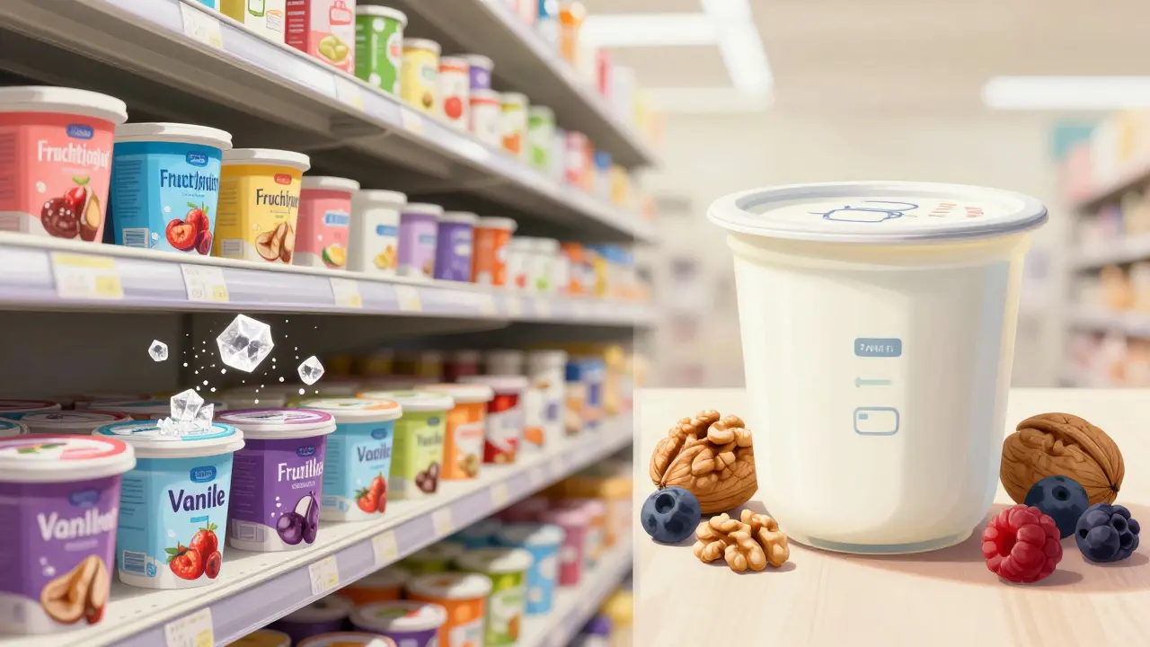 Gegenüberstellung: bunte zuckerreiche Joghurts im Supermarkt vs. ein einfacher, ungesüßter Naturjoghurt mit Nüssen und Beeren.