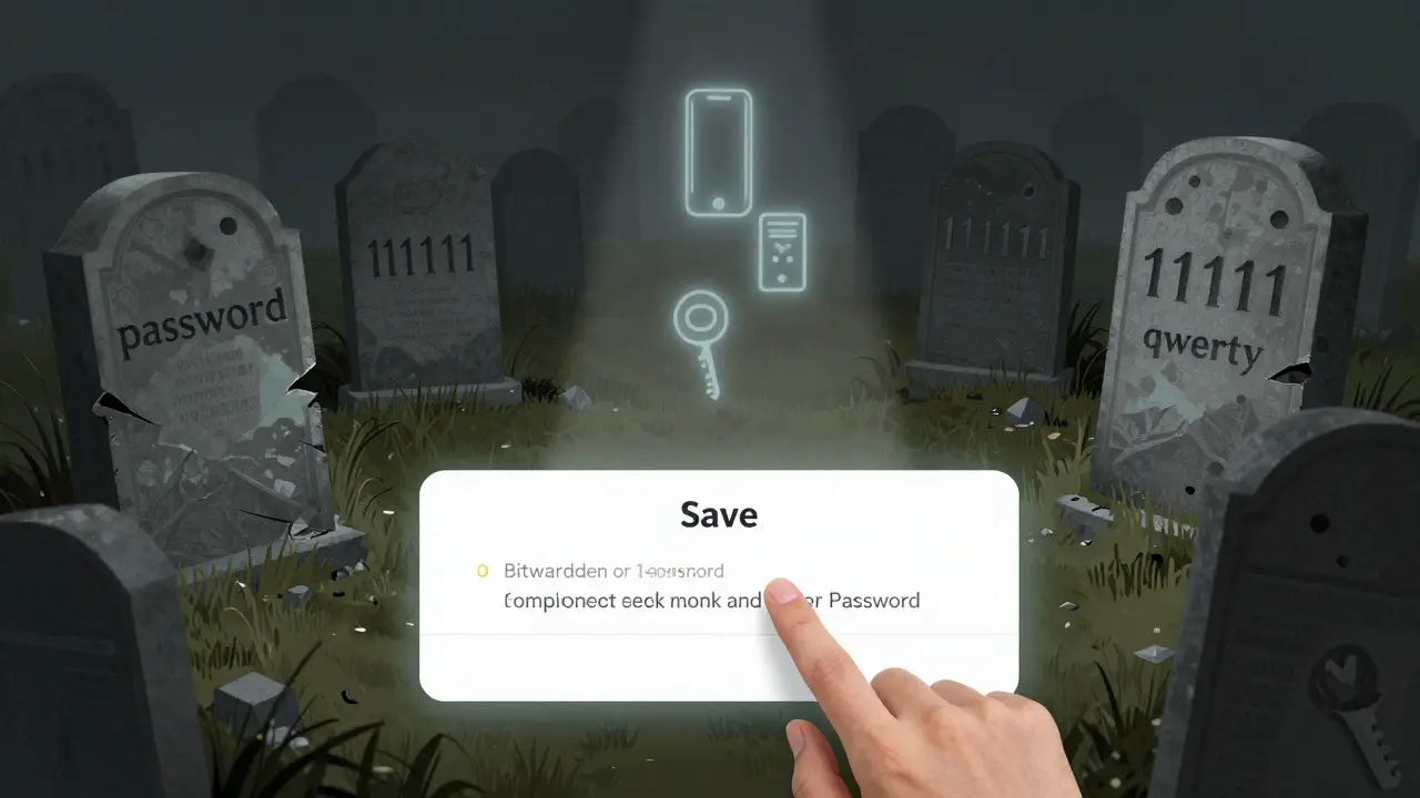 Graveyard of weak passwords crumbling, with a hand saving a strong password from a password manager.