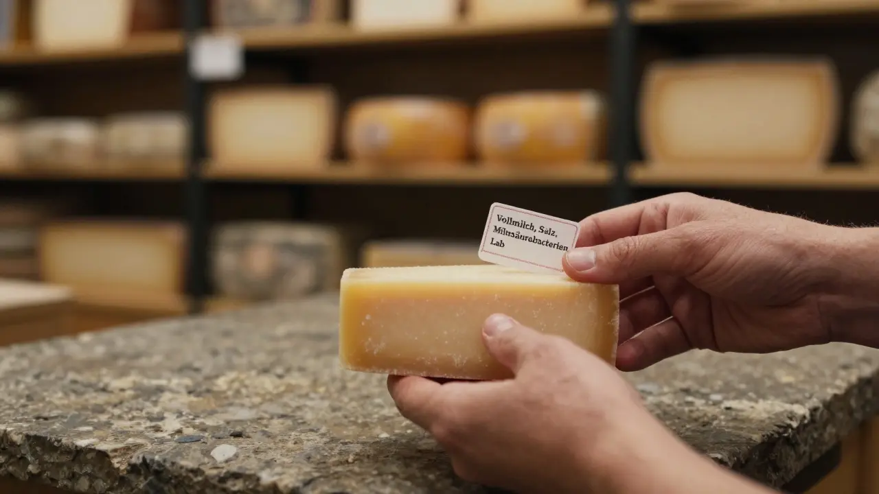 Hand mit Parmesan-Käse und Zutatenliste auf Stein, andere Käsesorten unscharf im Hintergrund.