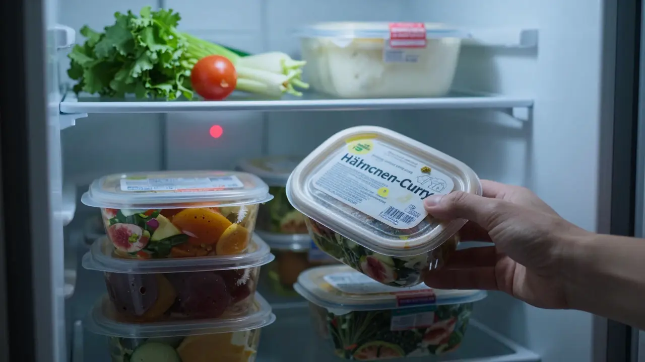 Im Kühlschrank: Einer der Behälter zeigt verblasstes Datum, rotes Warnlicht leuchtet im Hintergrund.