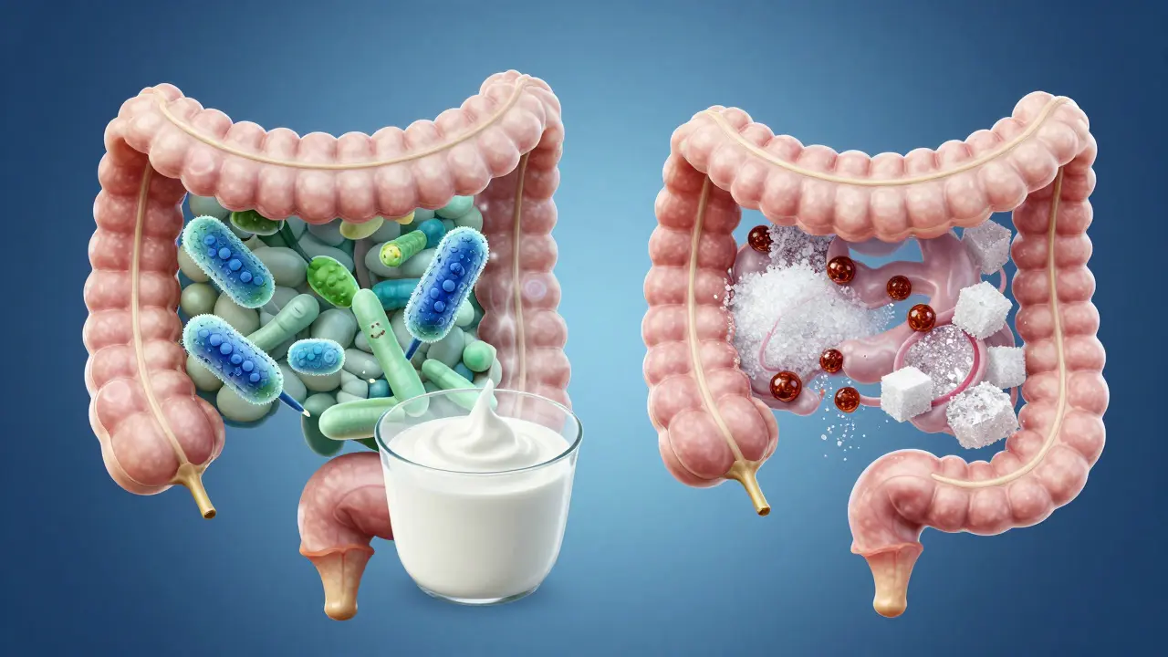 Konzeptuelles Bild von Darmflora, die durch gesunden Joghurt unterstützt wird.