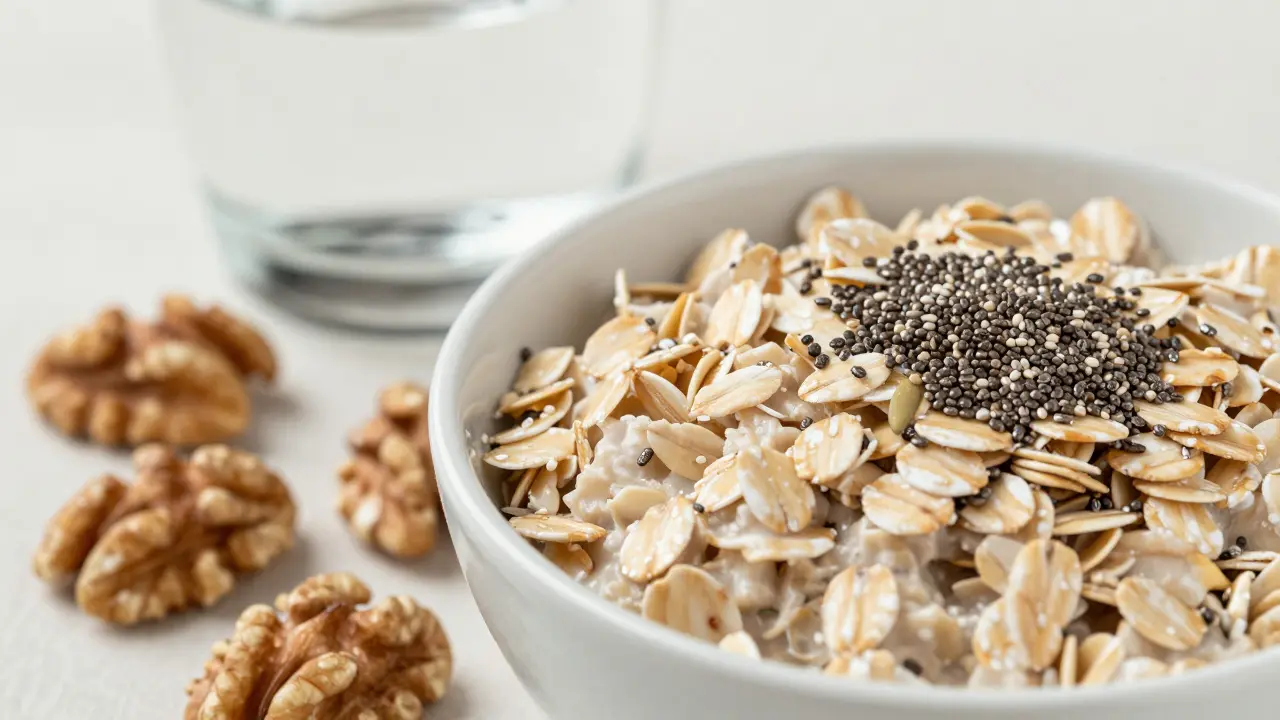 Makroaufnahme von Haferflocken, Chiasamen und Walnüssen für gesunde Energie.