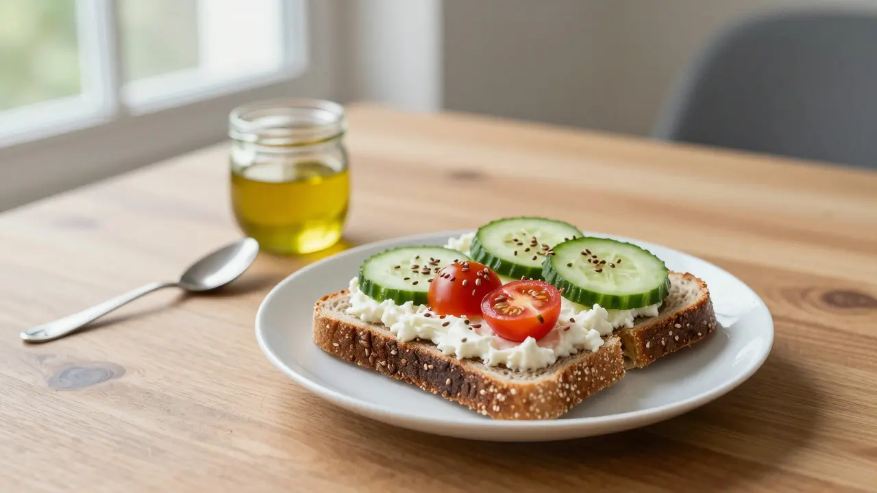 Modernes Abendbrot mit Quark, Gurke und Leinsamen auf Vollkornbrot.