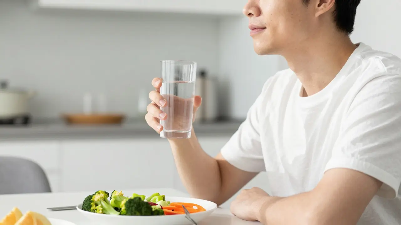 Person trinkt Wasser am Frühstückstisch für Hydration und Wachheit.