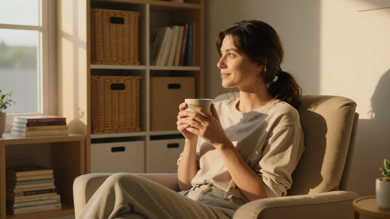 Ruhige Frau mit Trinkbecher in einem ordentlich eingerichteten Wohnraum
