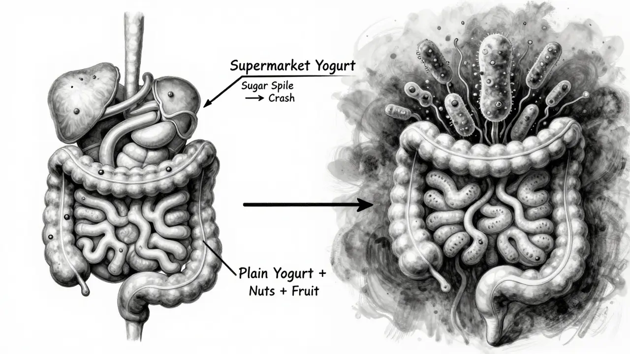 Schematische Darstellung des Verdauungstrakts: zuckerreicher Joghurt führt zu Absturz, natürliche Variante fördert gesunde Darmflora.