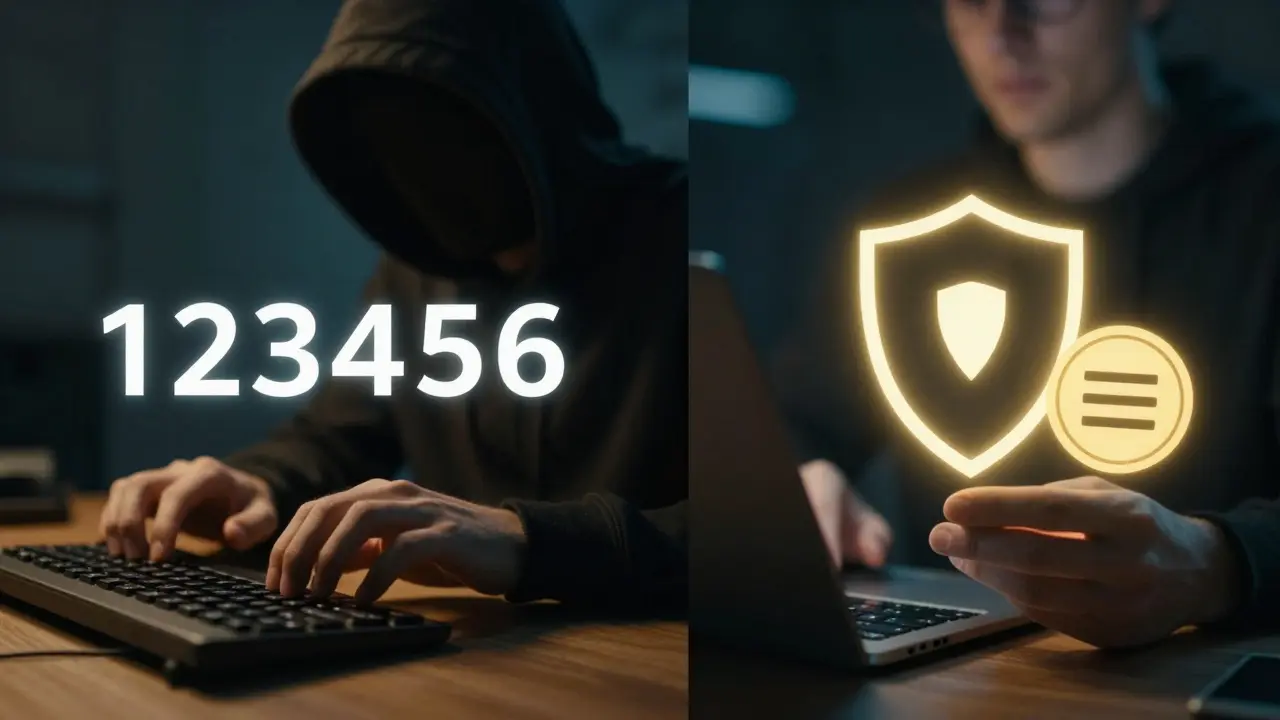 Side-by-side: one person using a weak password with a hacker watching, another securely using a password manager.