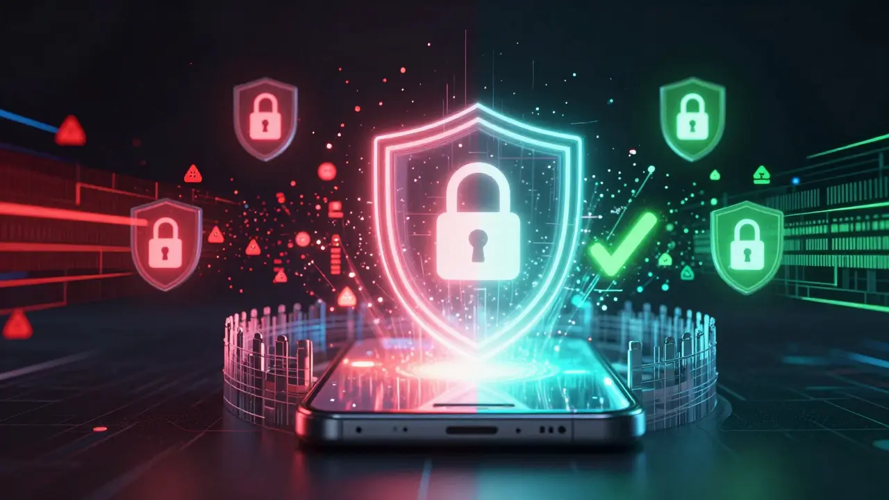 Symbolische Darstellung von Smartphone-Sicherheit und Reinigung