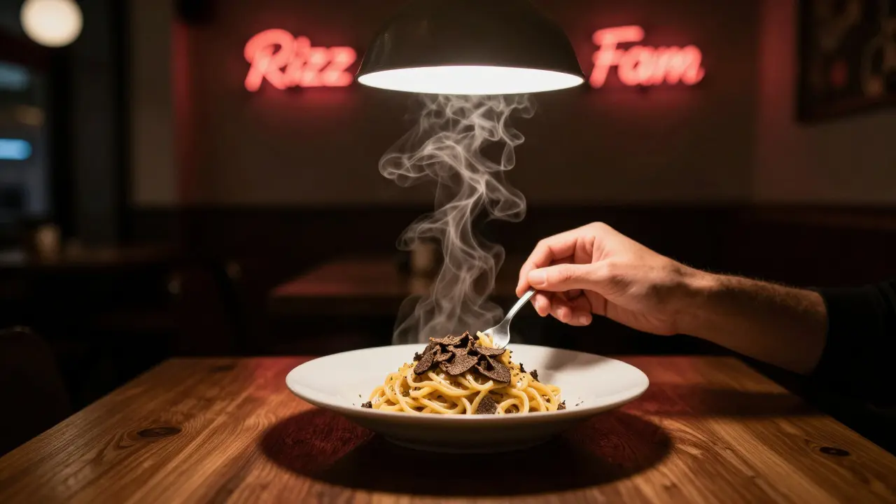 Trüffelpasta in einem Berliner Restaurant, atmosphärisch beleuchtet, mit geheimnisvoller Stimmung.