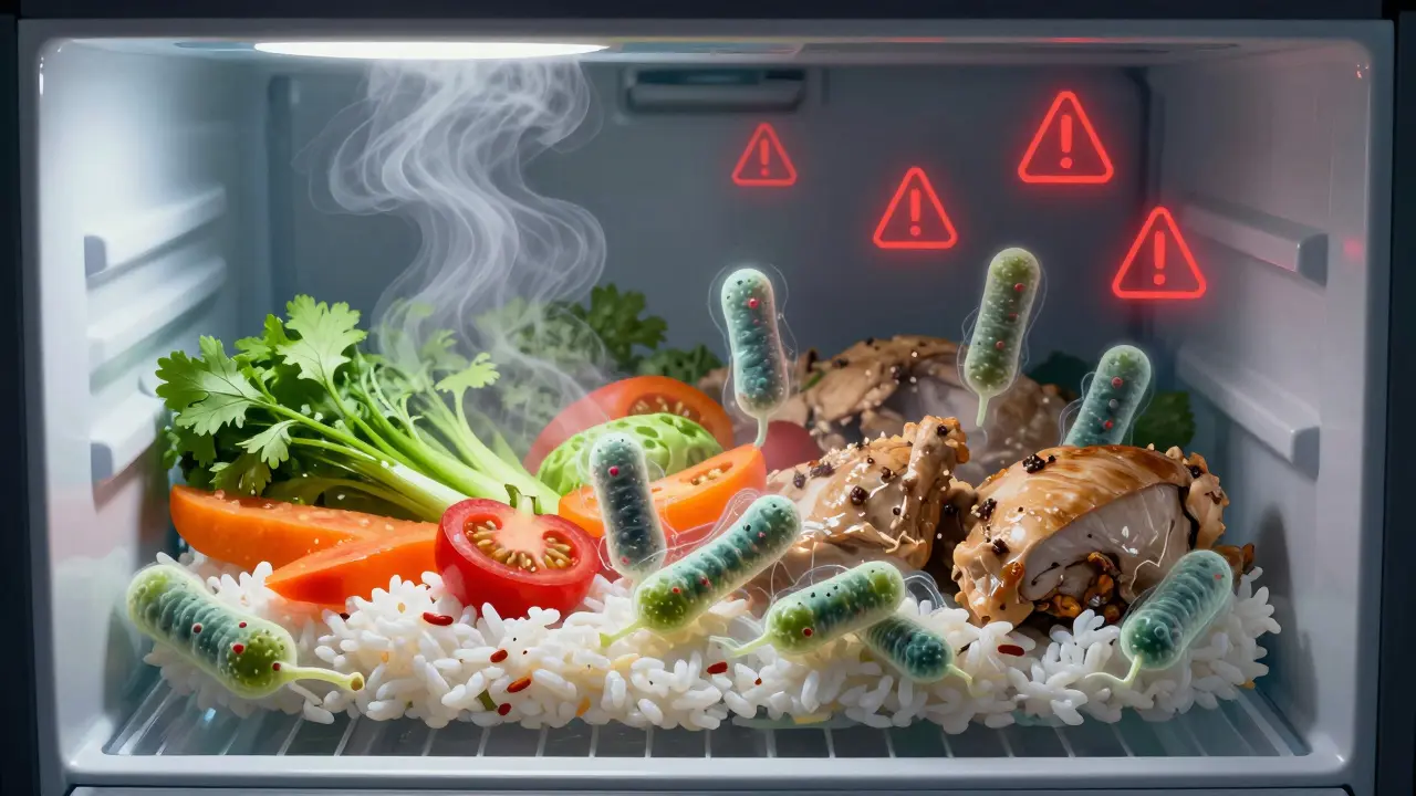 Vergleich: Frisches Essen links, verfaultes Essen rechts mit sichtbaren Bakterienformen.