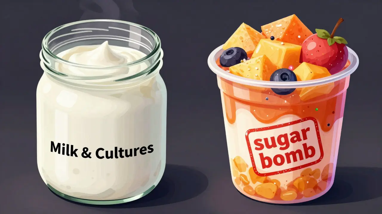 Vergleich von ungesüßtem Naturjoghurt und zuckerreichem Fruchtjoghurt.