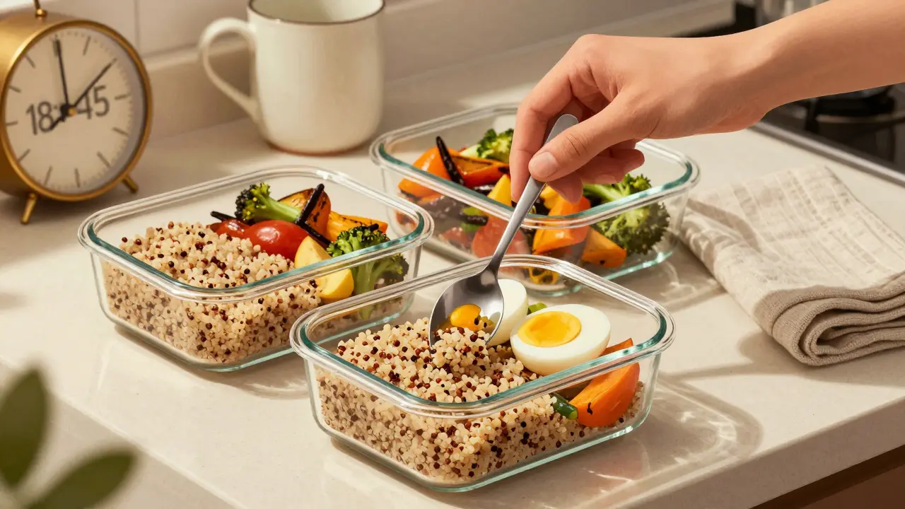 Vorbereitete Mahlzeiten in Gläsern mit Quinoa, Gemüse und Eiern für schnelles Abendessen.