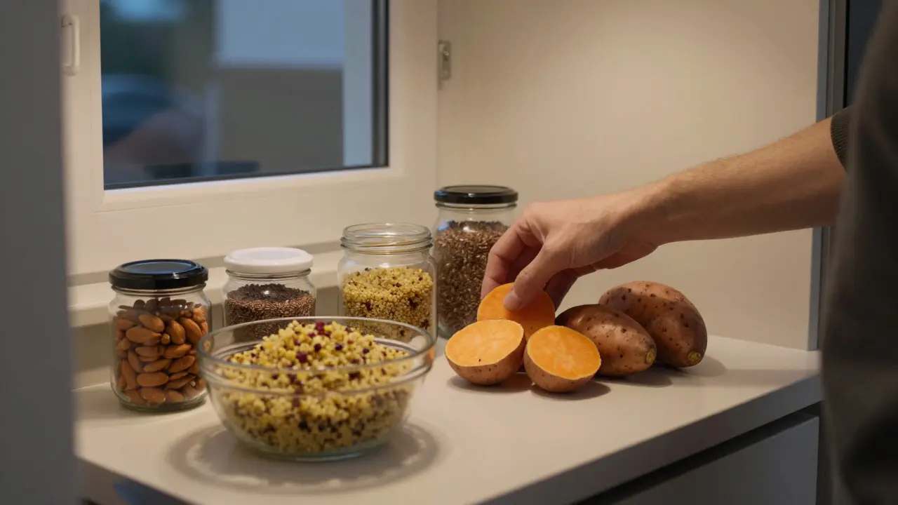 Vorratsschrank mit Zutaten für ein gesundes Abendessen: Quinoa, Süßkartoffeln, Leinsamen.