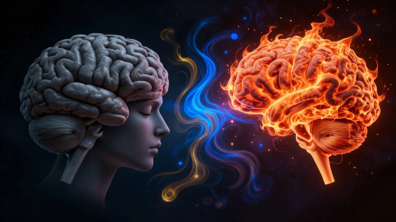 Abstrakte Darstellung des Gehirns mit aktivem emotionalem Zentrum und Hormonsturm.