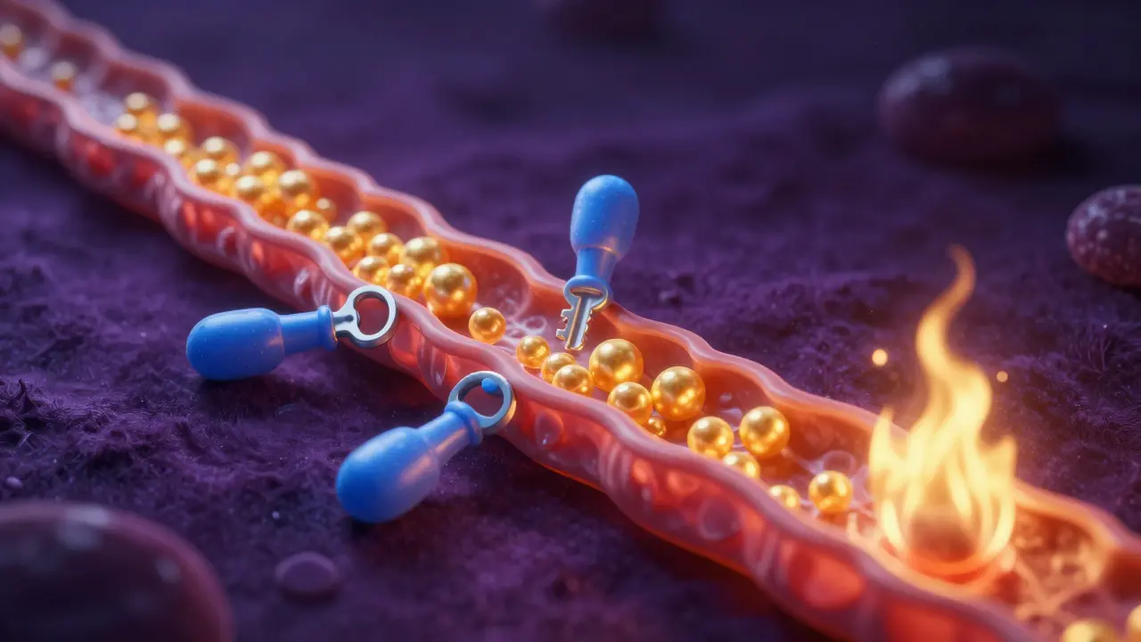 Abstrakte Darstellung von Glukose und Insulin im Blutstrom bei Nacht