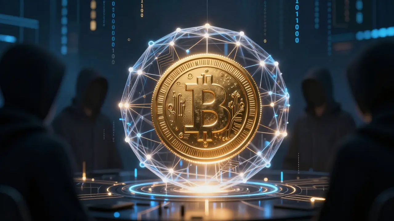 Digitale Goldmünze in einem Netz aus Binärcode, das eine Betrugsfalle symbolisiert.