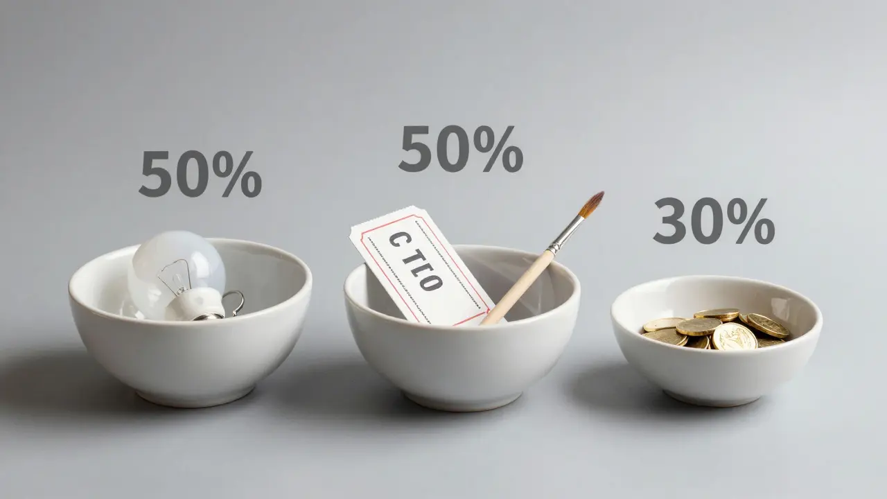 Drei Schalen, die die Aufteilung des Budgets nach der 50-30-20-Regel symbolisieren.
