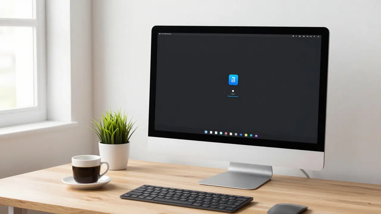Ein aufgeräumter Arbeitsplatz mit einem minimalistischen und organisierten Computer-Desktop.