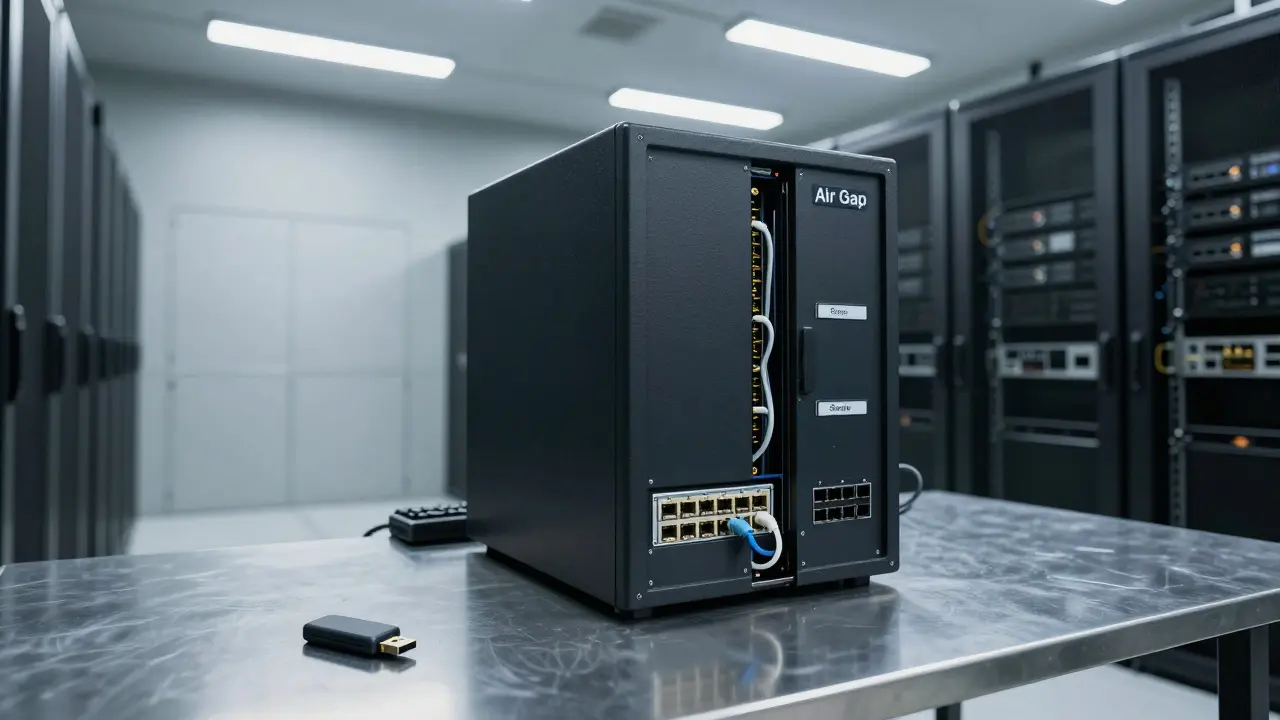 Ein isolierter Computer in einem Hochsicherheitsraum ohne Netzwerkverbindungen.