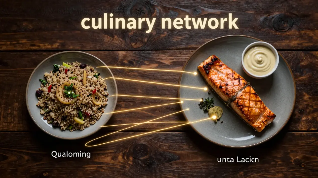 Ein Lachsfilet, das durch goldene Linien mit einer Beilage und einer Sauce verbunden ist.