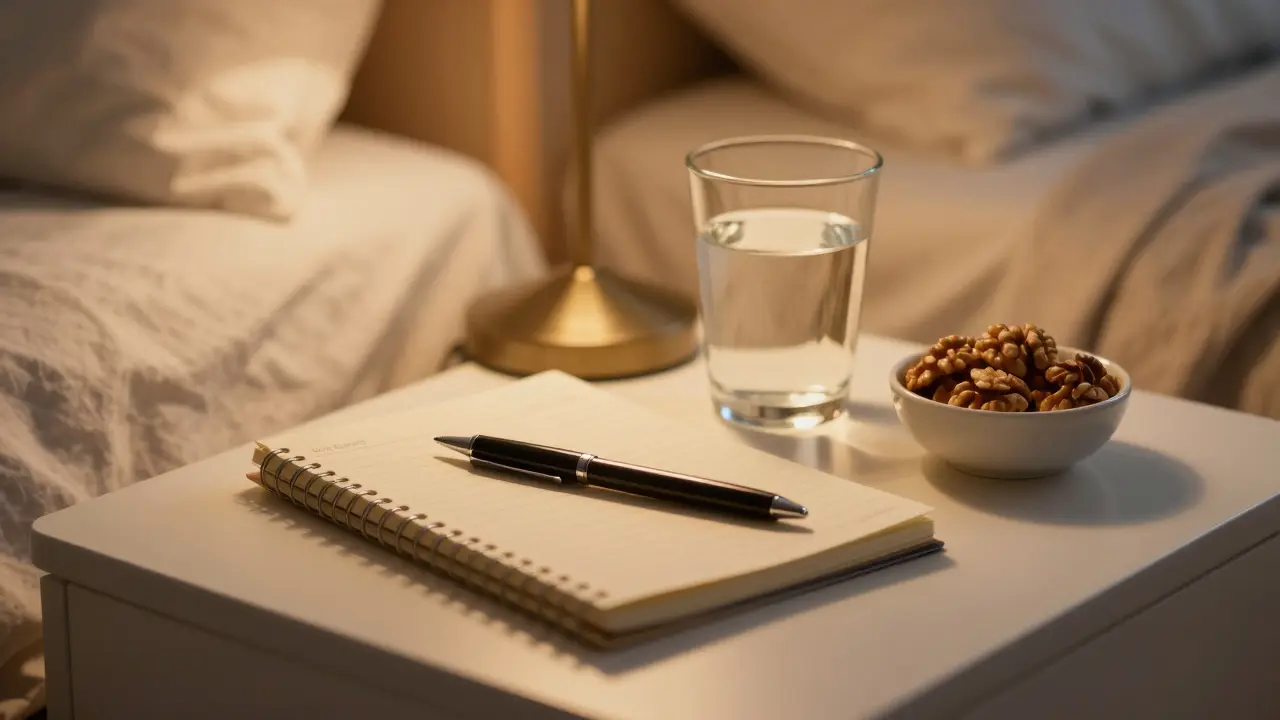 Ein Notizblock und Nüsse auf einem Nachttisch in warmem, sanftem Licht für besseren Schlaf.