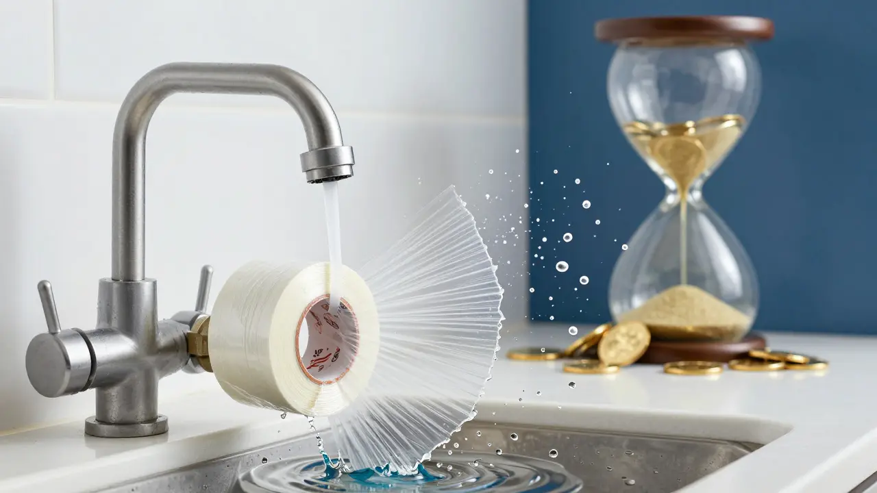 Ein provisorisch geflickter Wasserhahn, der unter hohem Druck ausläuft.