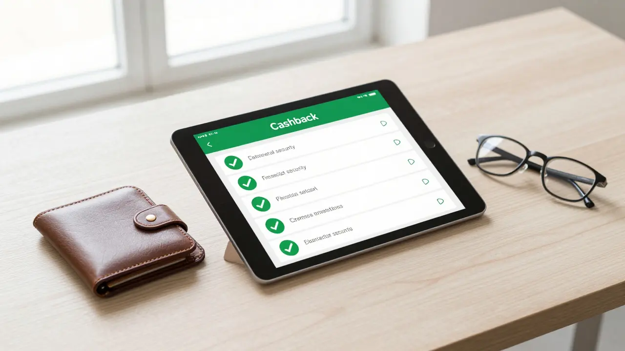 Ein Tablet mit einer legalen Cashback-App auf einem hellen, aufgeräumten Schreibtisch.