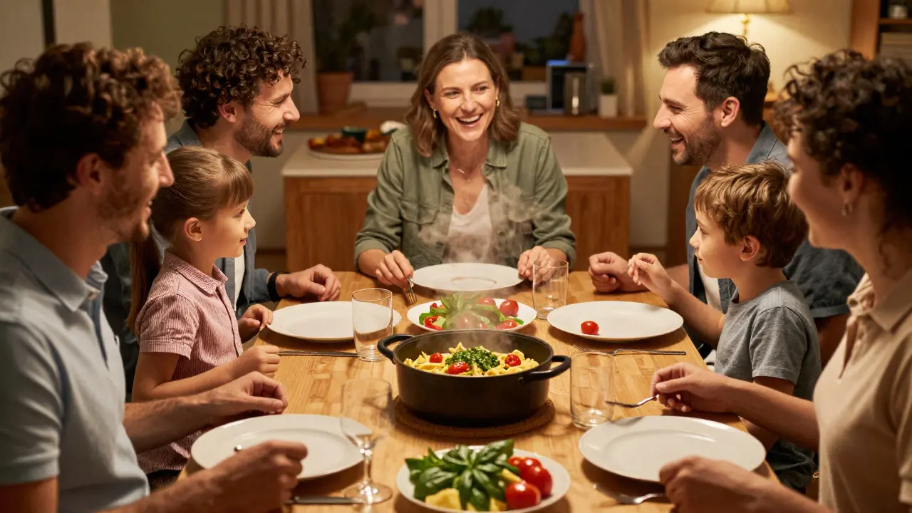 Eine Familie beim gemeinsamen warmen Abendessen mit Pasta in einer gemütlichen Atmosphäre.