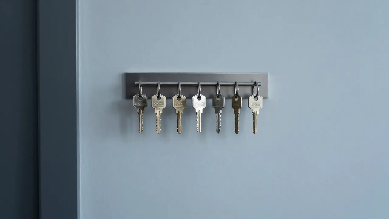Eine magnetische Leiste an einer Wand, an der Schlüssel ordentlich aufgereiht sind.