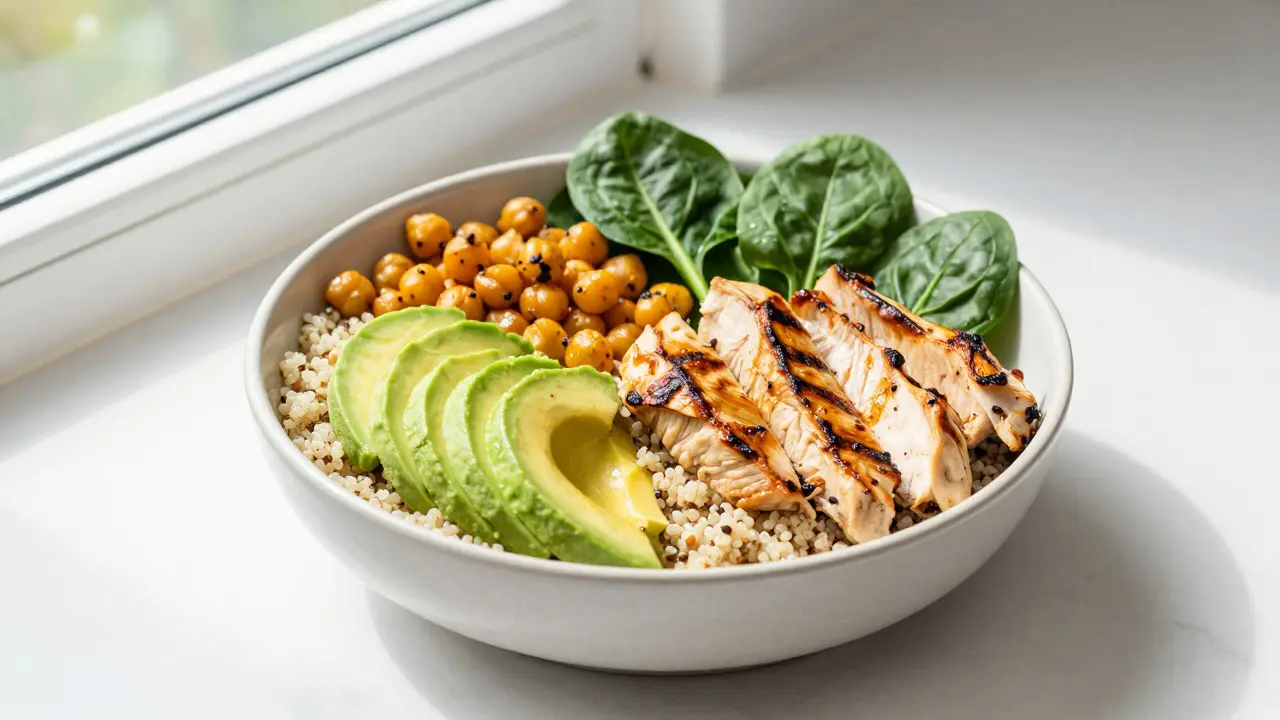 Eine moderne, gesunde Bowl mit Quinoa, Avocado, Kichererbsen und gegrilltem Hähnchen.