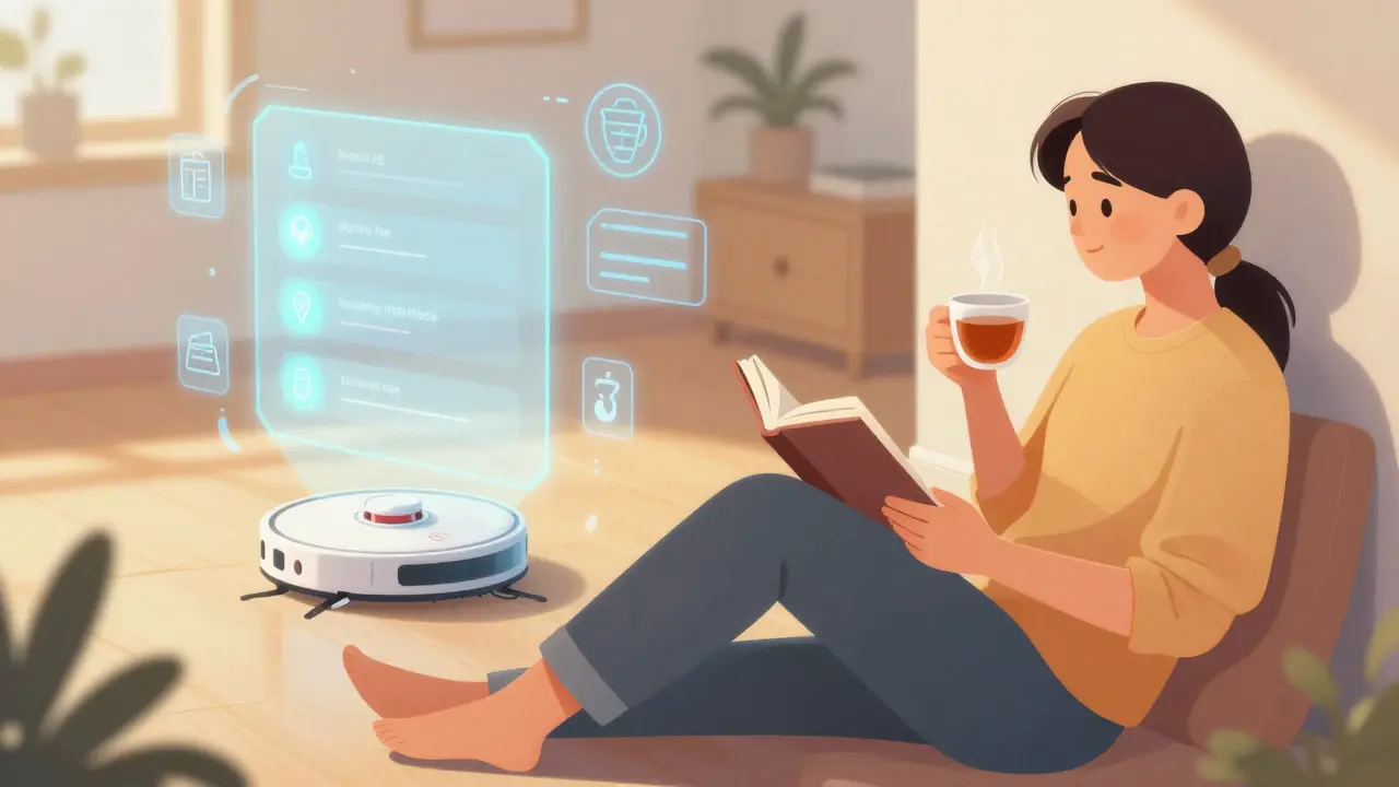 Entspannte Person in einer Leseecke, während im Hintergrund Smart-Home-Technik autonom arbeitet.