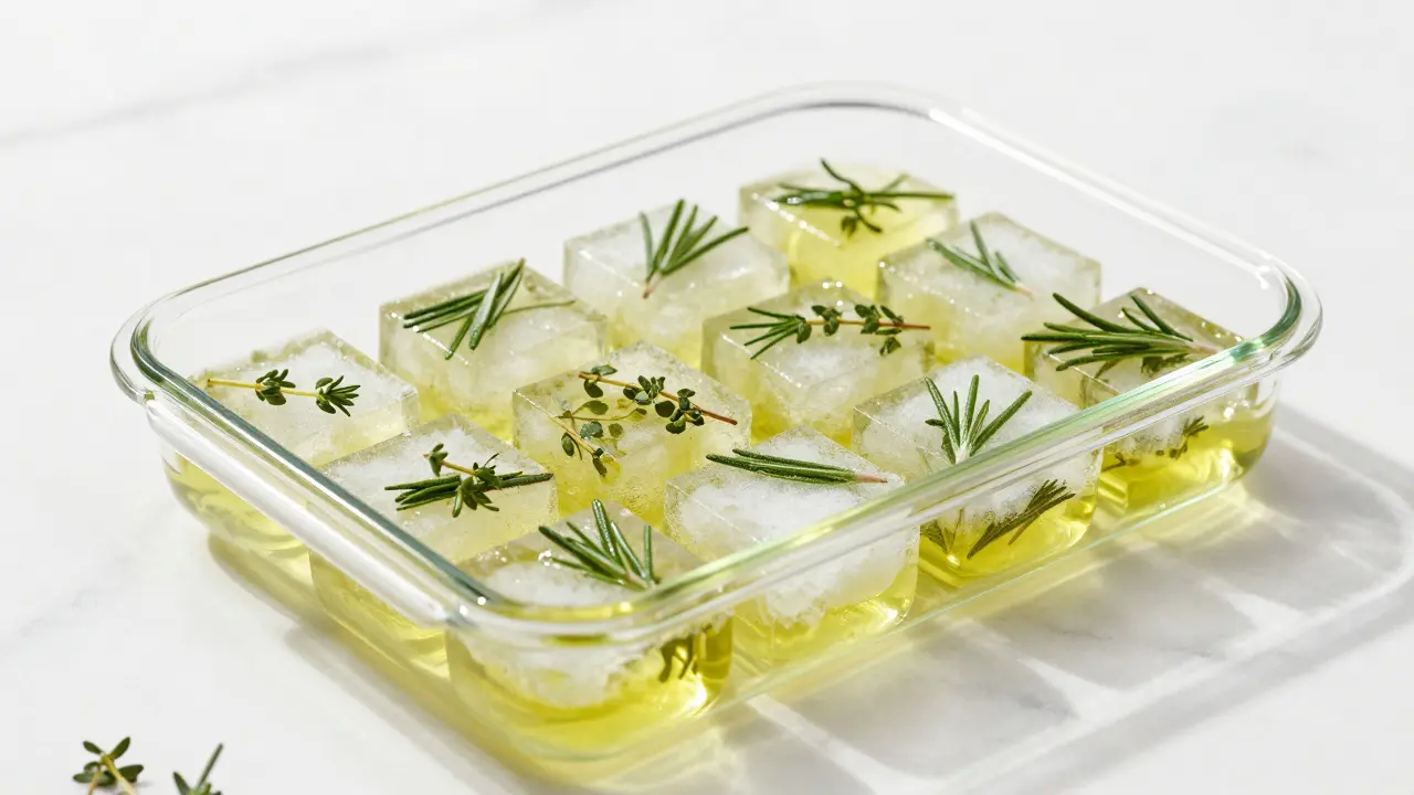 Gefrorene Olivenöl-Würfel mit Kräutern in einem Glasbehälter auf Marmor.