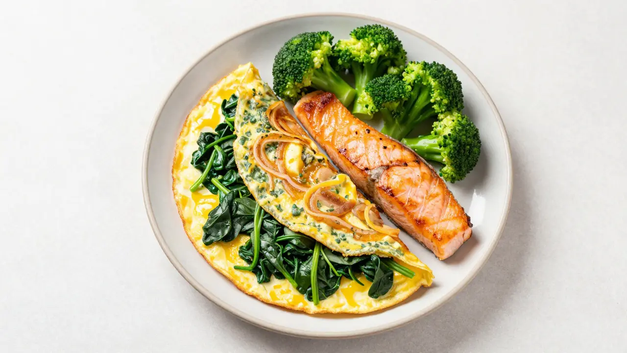Gesunde Abendmahlzeit mit Omelett, Spinat, Brokkoli und Lachs