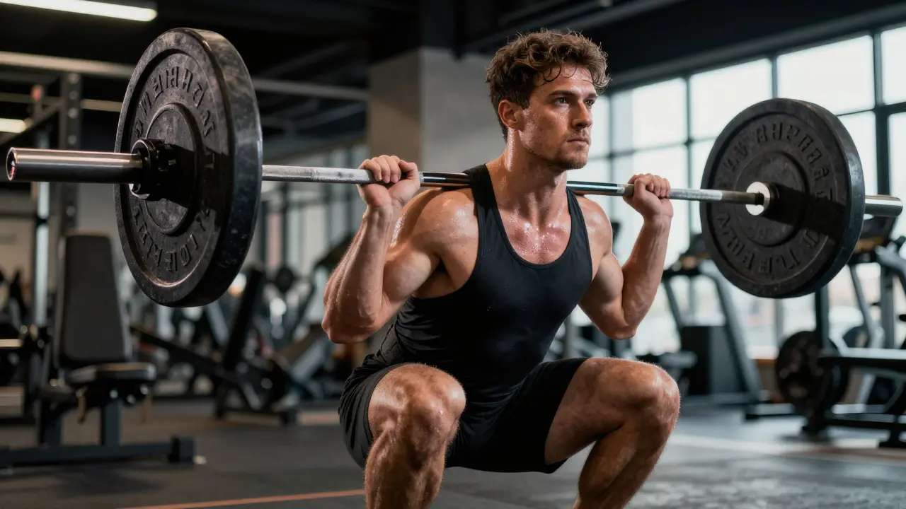 Gewichtheber trainiert die Bewegungsmuster mit einer leeren Hantelstange.