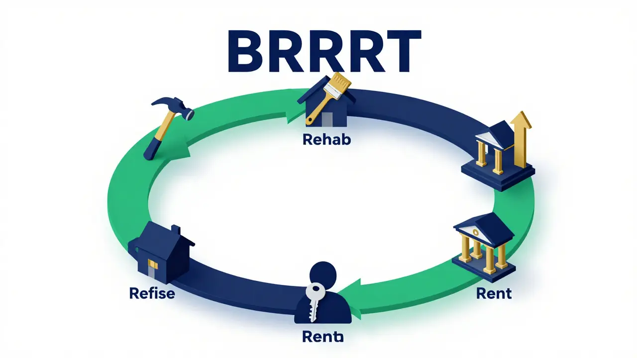 Isometrische Darstellung des BRRRR-Zyklus mit Symbolen für Kauf, Sanierung, Vermietung und Refinanzierung.