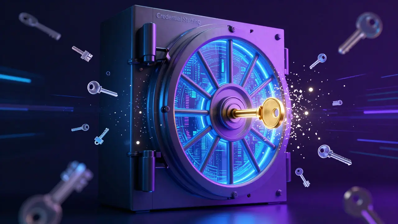 Konzeptbild von Credential Stuffing mit vielen digitalen Schlüsseln, die ein Schloss angreifen.