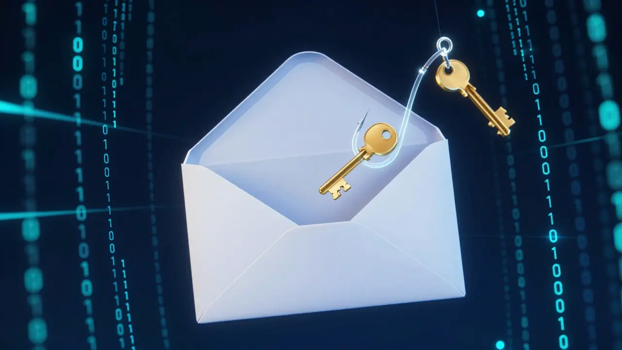 Konzeptuelle Darstellung eines Phishing-Angriffs mit einem digitalen Haken, der ein Passwort stiehlt.