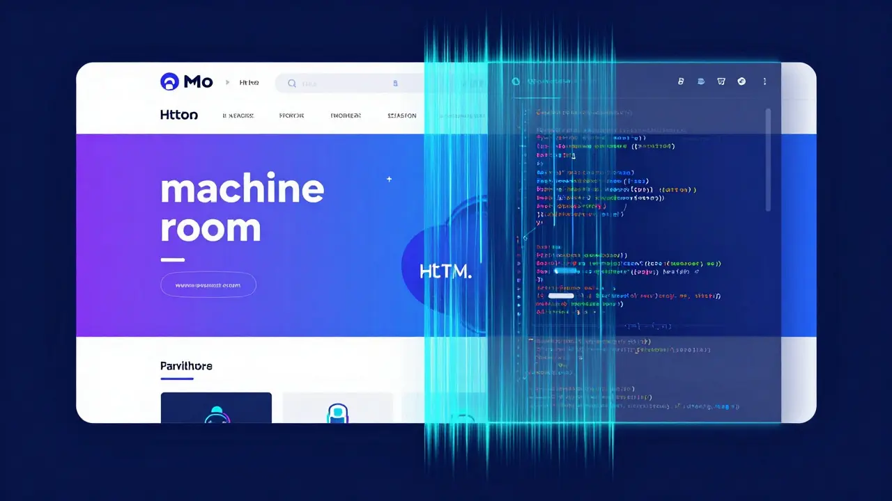 Konzeptuelle Darstellung von Website-Code und Entwicklertools in Neonfarben.