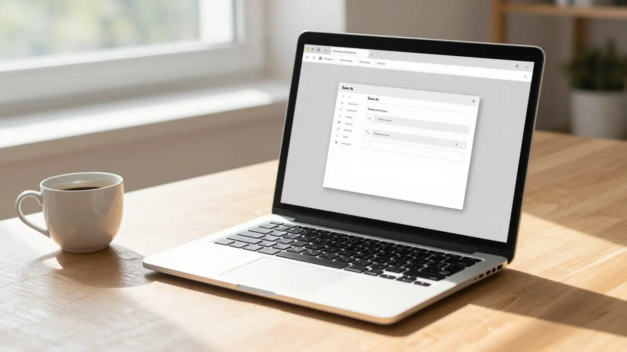 Laptop auf einem Schreibtisch mit geöffnetem Speichern-unter-Dialog in Word.
