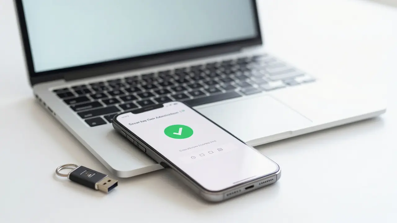 Smartphone mit einer aktiven 2FA-App und ein Hardware-Sicherheitsschlüssel auf einem hellen Schreibtisch.