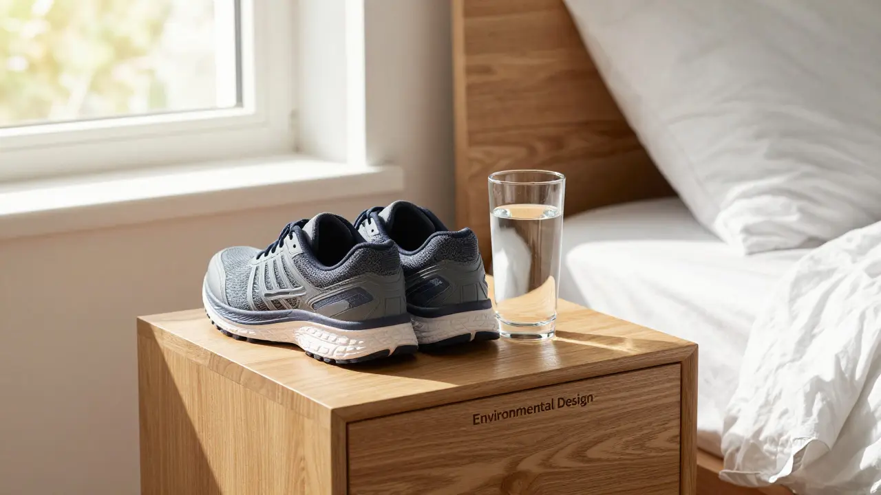 Sportschuhe und ein Glas Wasser auf einem Nachttisch im warmen Morgenlicht.