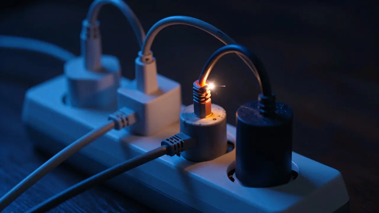 Überlastete Steckdose mit geschmolzenen Kabeln und gefährlicher Überhitzung.