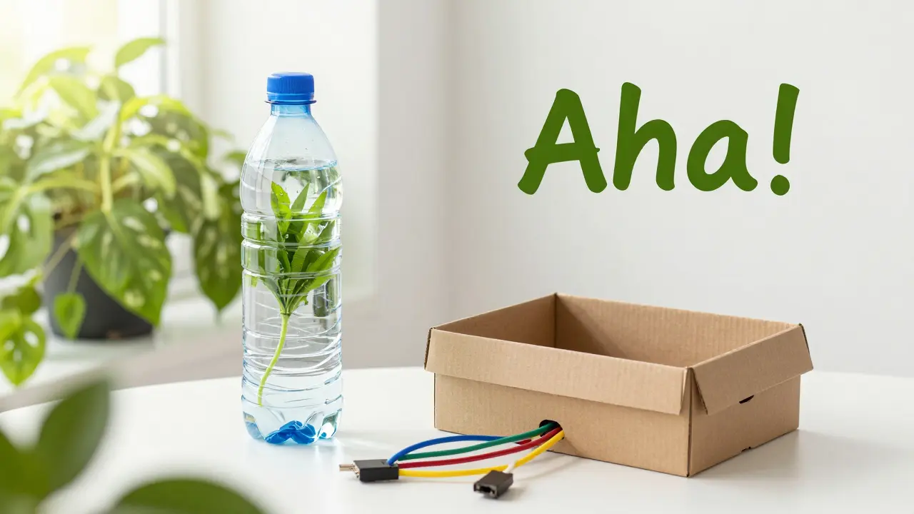 Upcycling-Beispiele: Plastikflasche als Pflanzenbewässerung und Schuhkarton als Kabelorganizer.