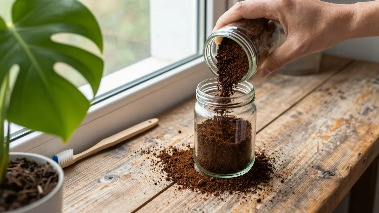 Upcycling im Alltag: Kaffeesatz als Dünger für eine Zimmerpflanze.