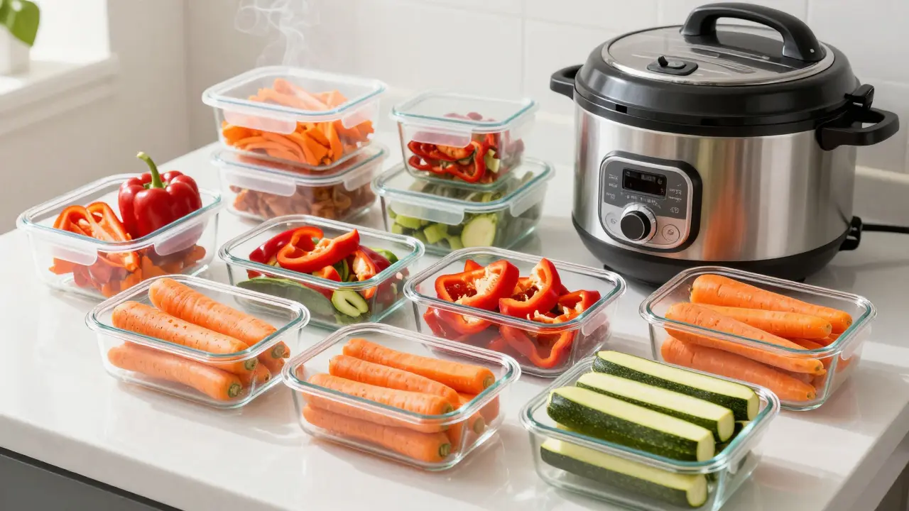 Vorbereitete Gemüseportionen in Glasbehältern auf einer hellen Küchenplatte beim Meal Prep.