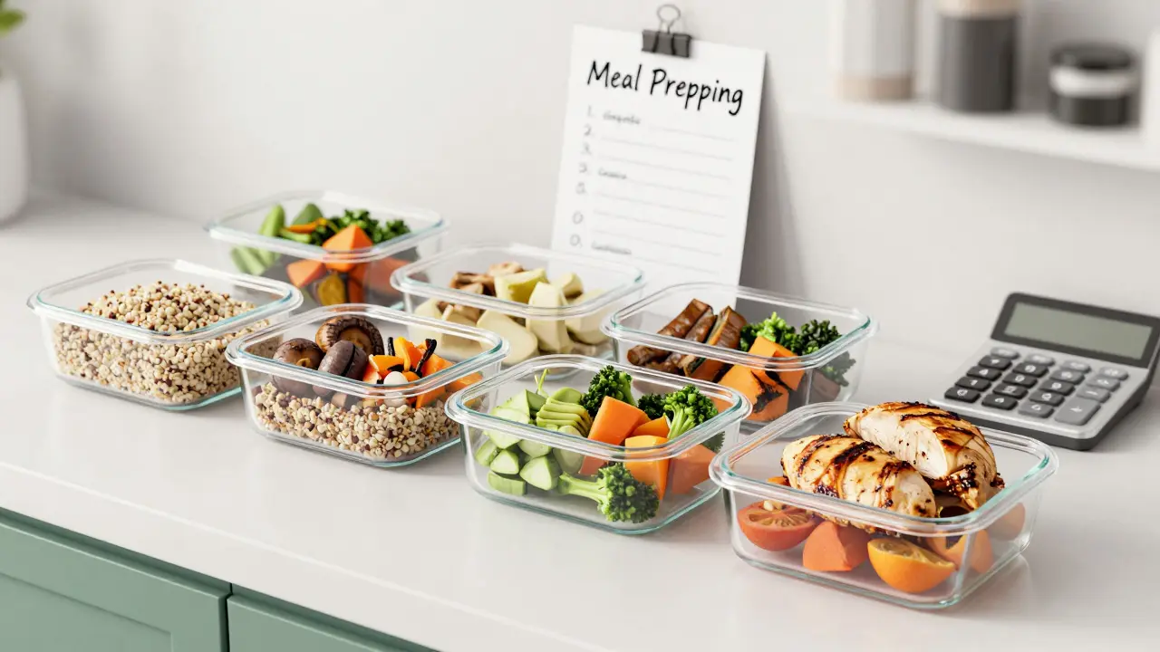 Vorbereitete Mahlzeiten in Glasbehältern für gesundes und günstiges Meal Prepping.