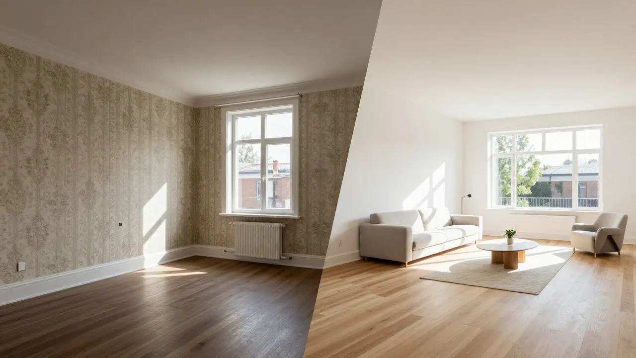 Vorher-Nachher-Vergleich eines renovierten Wohnzimmers von altmodisch zu modern und hell.