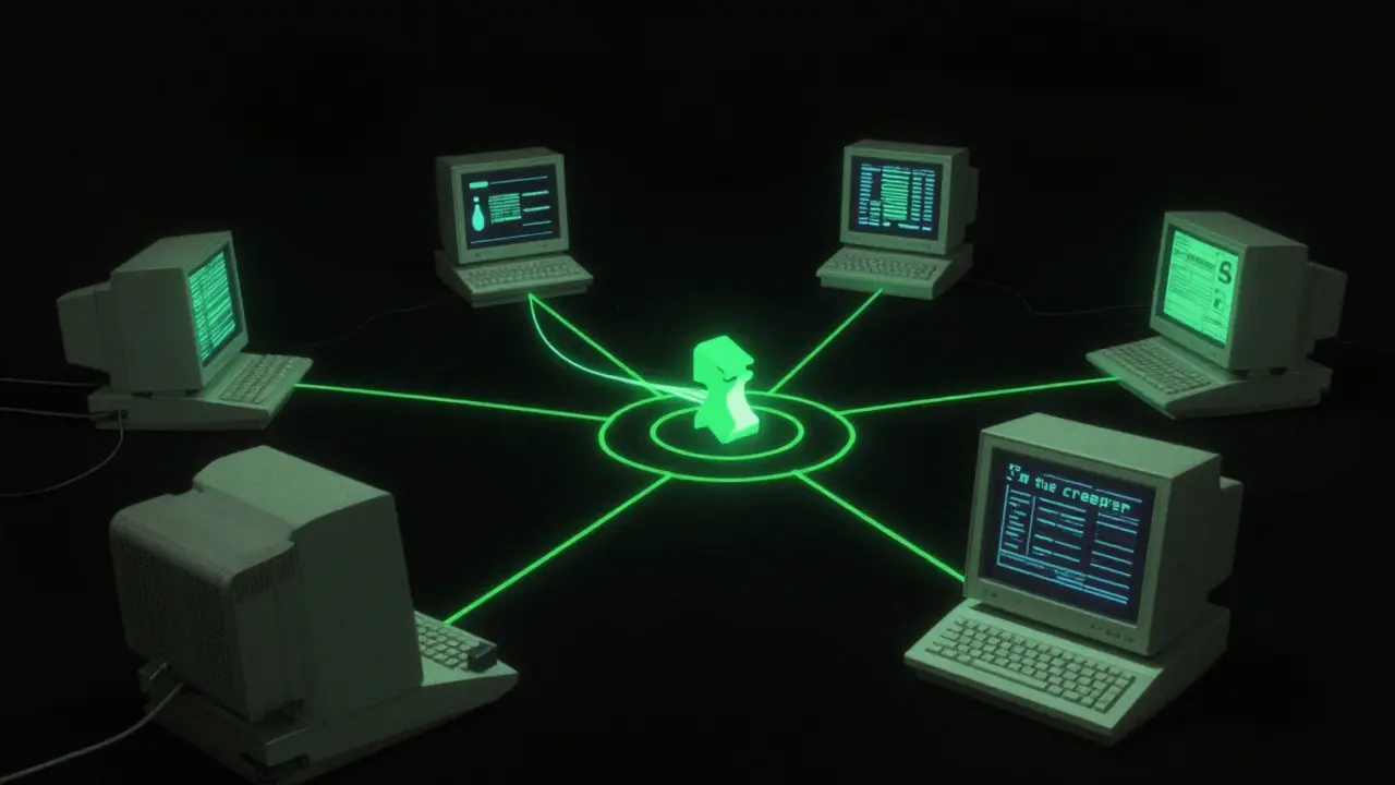 Abstrakte Darstellung des ersten Computervirus 'Creeper' im ARPANET 1971