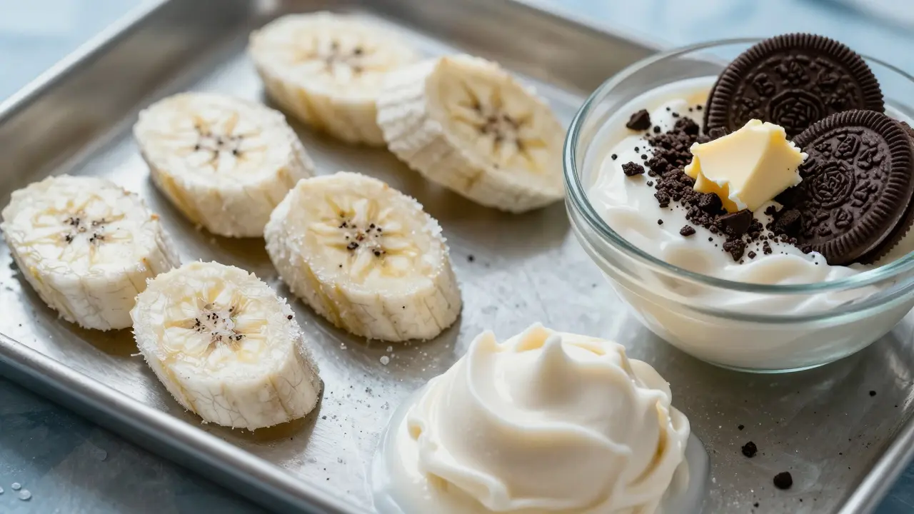 Gefrorene Bananenscheiben und zerbröselte Oreos als Textur-Hack